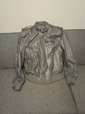 Women’s Grey Leather Bomber Jacket with Ribbed Hem